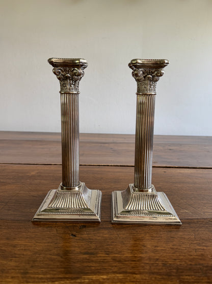 Silver Plated Column Candleholders - Greek Column Candle Holder Pair