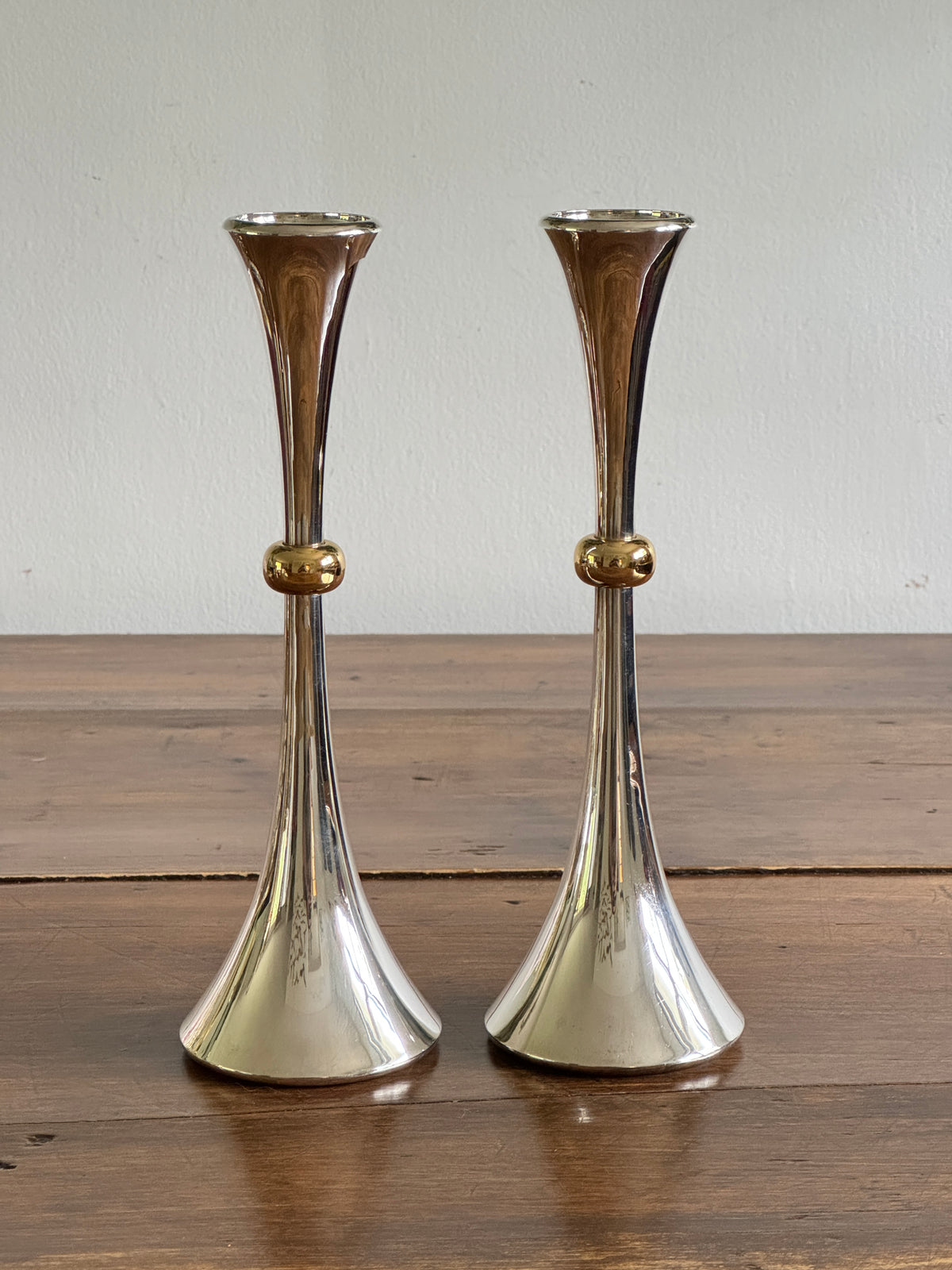 Pair of Vintage Dansk Silver-Plated and Brass Candlestick Holders - Modern Candle Holder Set of Two