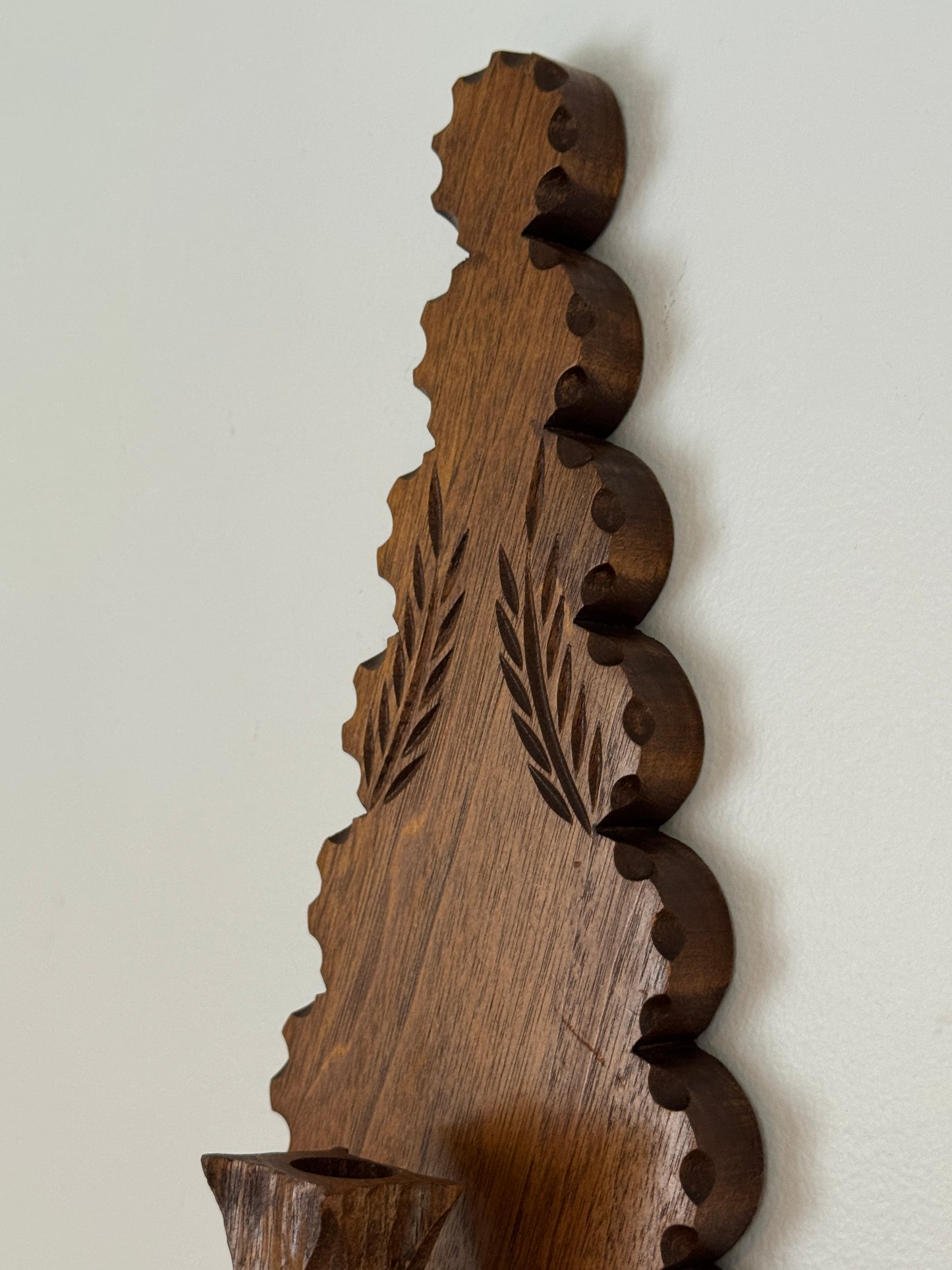 Vintage Wood Folk Art Carved Candle Sconce - Wall Mounted