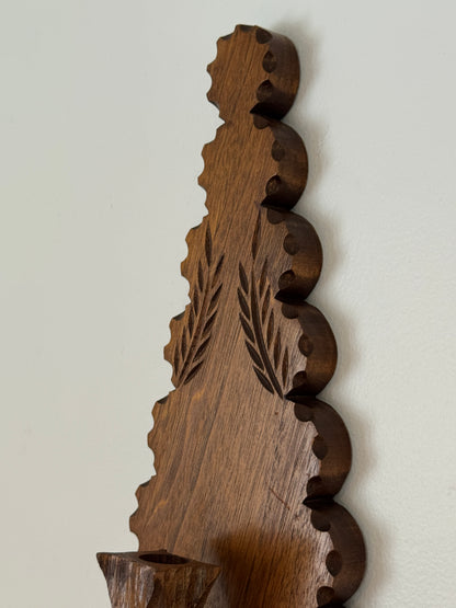 Vintage Wood Folk Art Carved Candle Sconce - Wall Mounted