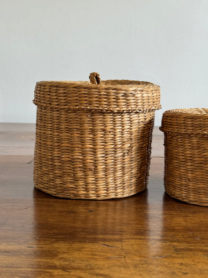 Set of Two Nesting Baskets - Woven Small Storage Baskets with Lids