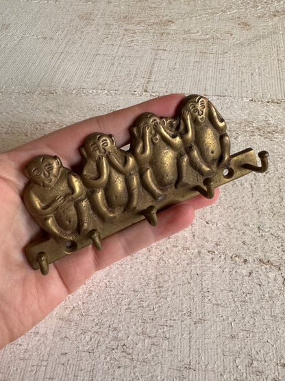 Vintage Brass Wise Monkey Key Hook Organizer - Four Wise Monkeys - Hear, See, Speak, Feel No Evil Key Rack