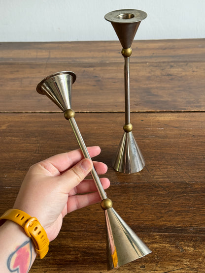 Vintage Pair of Memphis Design Style Candle Holders - Silver Tone with Brass Metal Candlestick Holders - Modernist Design