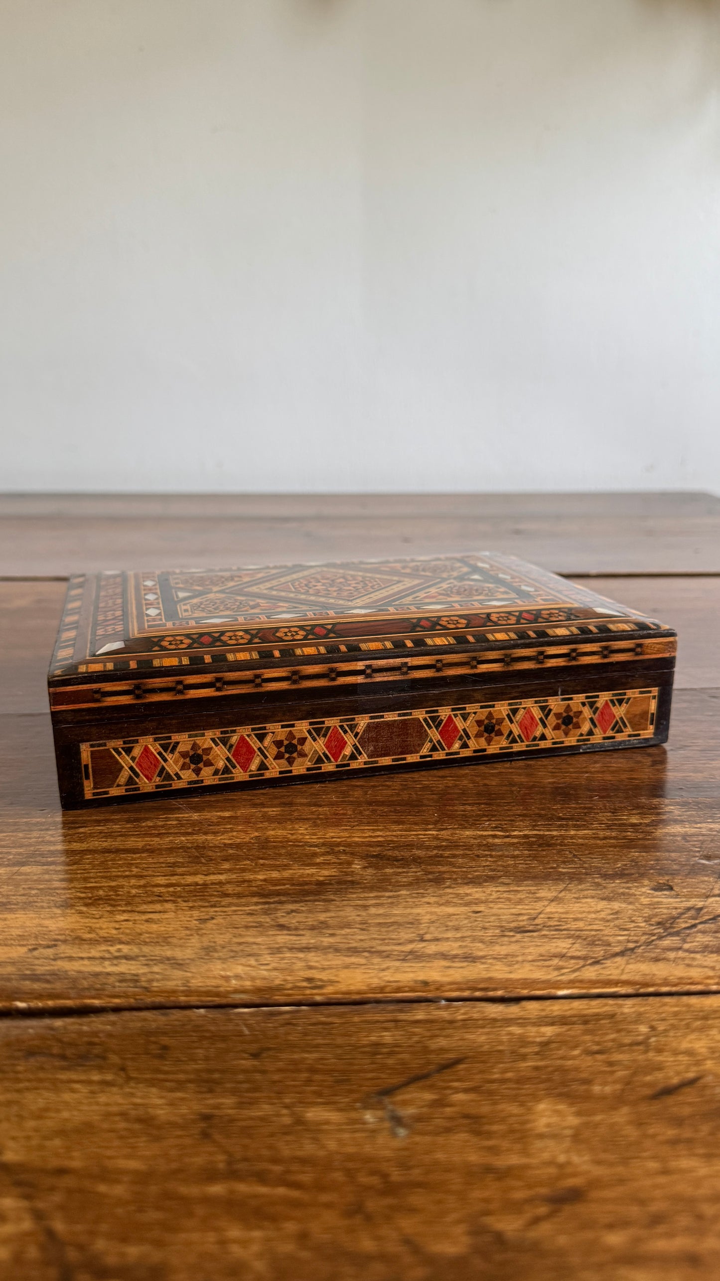 Vintage Inlay Box with Stunning Mother of Pearl Marquetry and Red Felt Inside