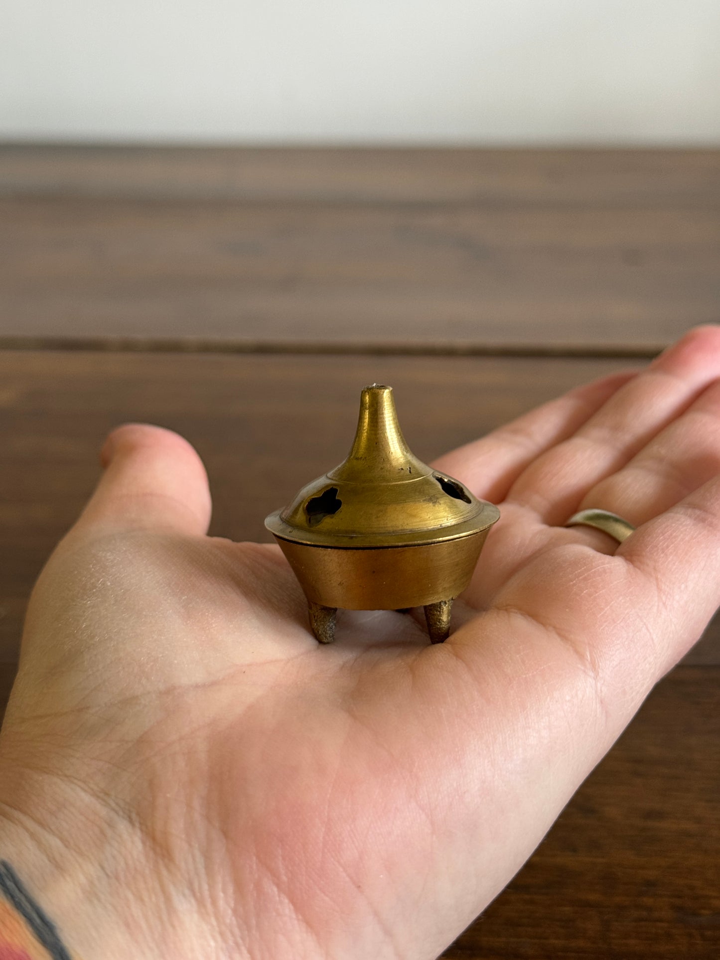 Mini Brass Cone Incense Holder with Lid
