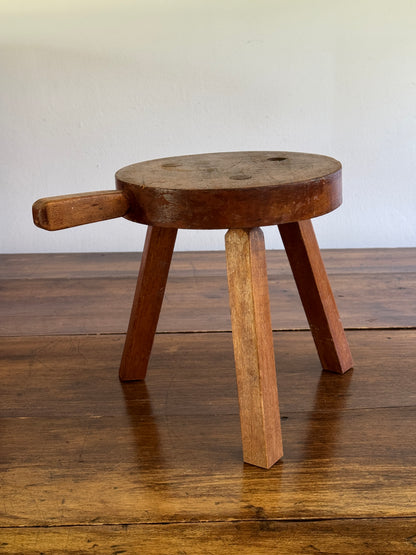 Vintage Small Wood Milk Stool with Handle and Tripod Legs