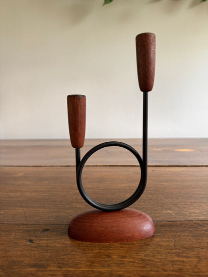 Vintage Teak Mid Century Candle Holder for Skinny Tapers