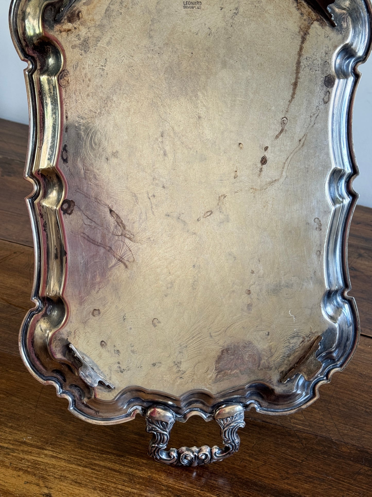 Vintage Large Leonard Silver Plated Over Brass Ornate Serving Platter with Raised Feet and Etched Detailing - Silver Plated Butler Tray