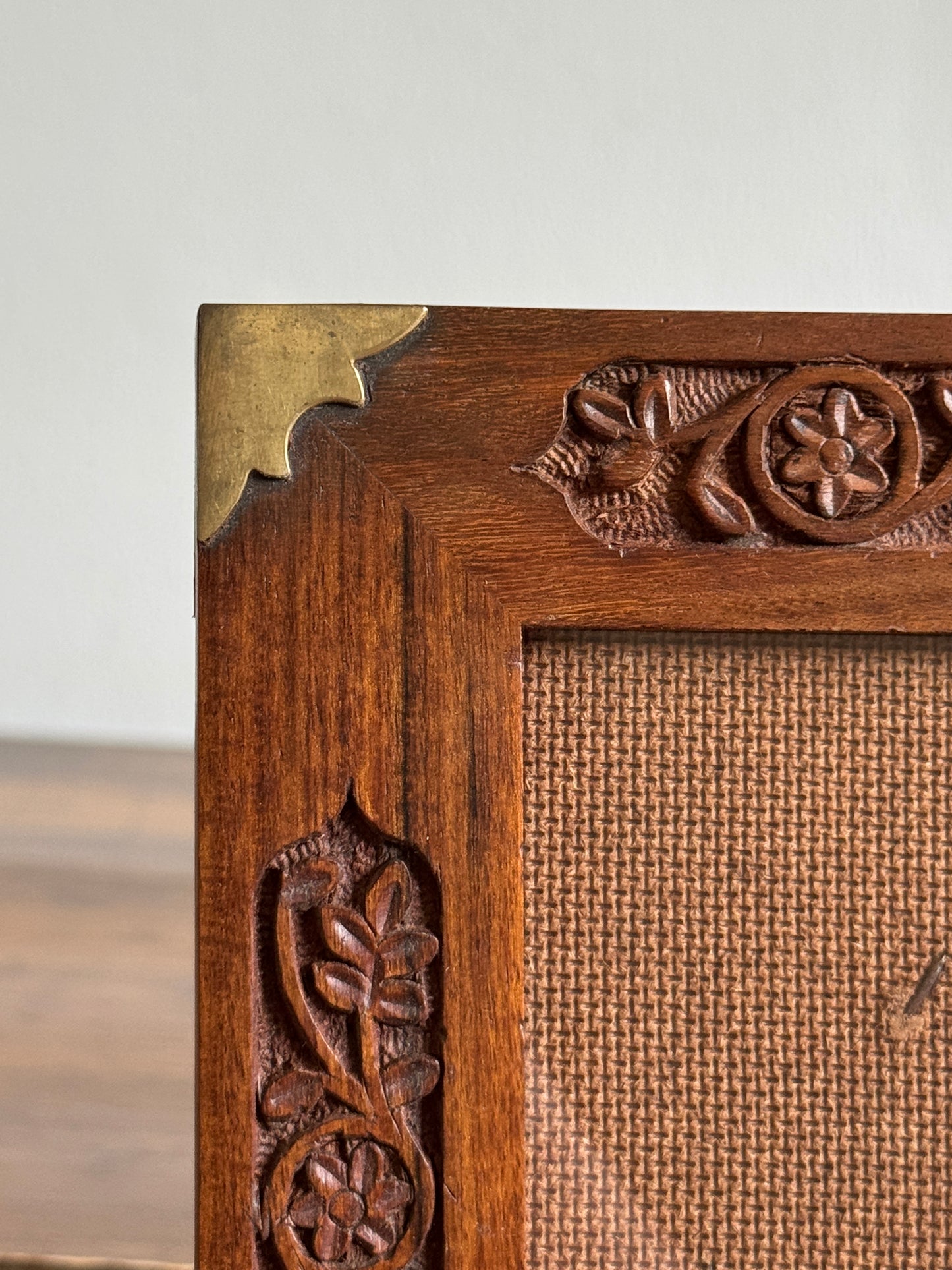 Wood Etched Frame with Floral Carvings and Brass Accents - Made in India