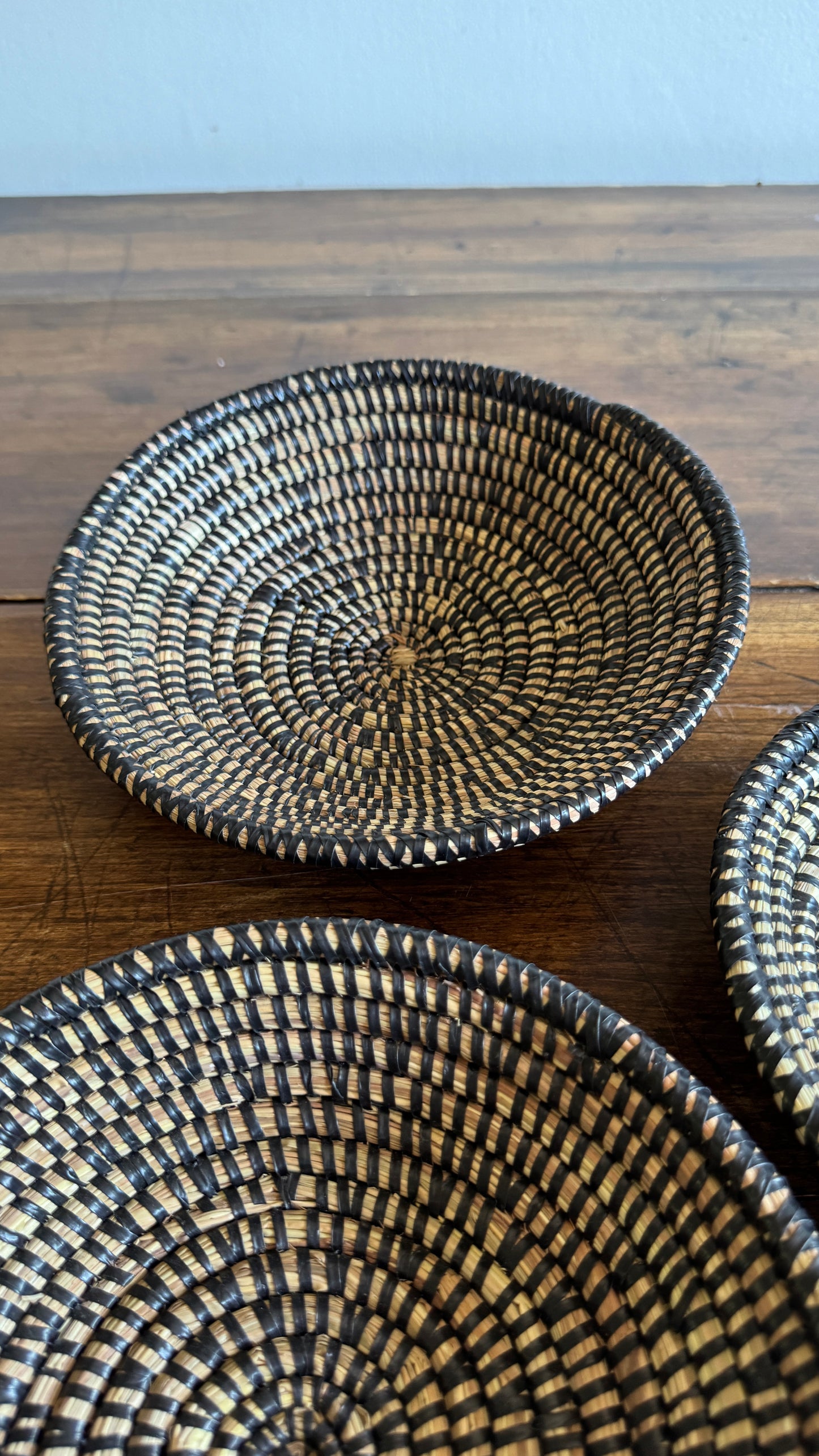 Set of Three Woven Sweet Grass Baskets with Black Accents