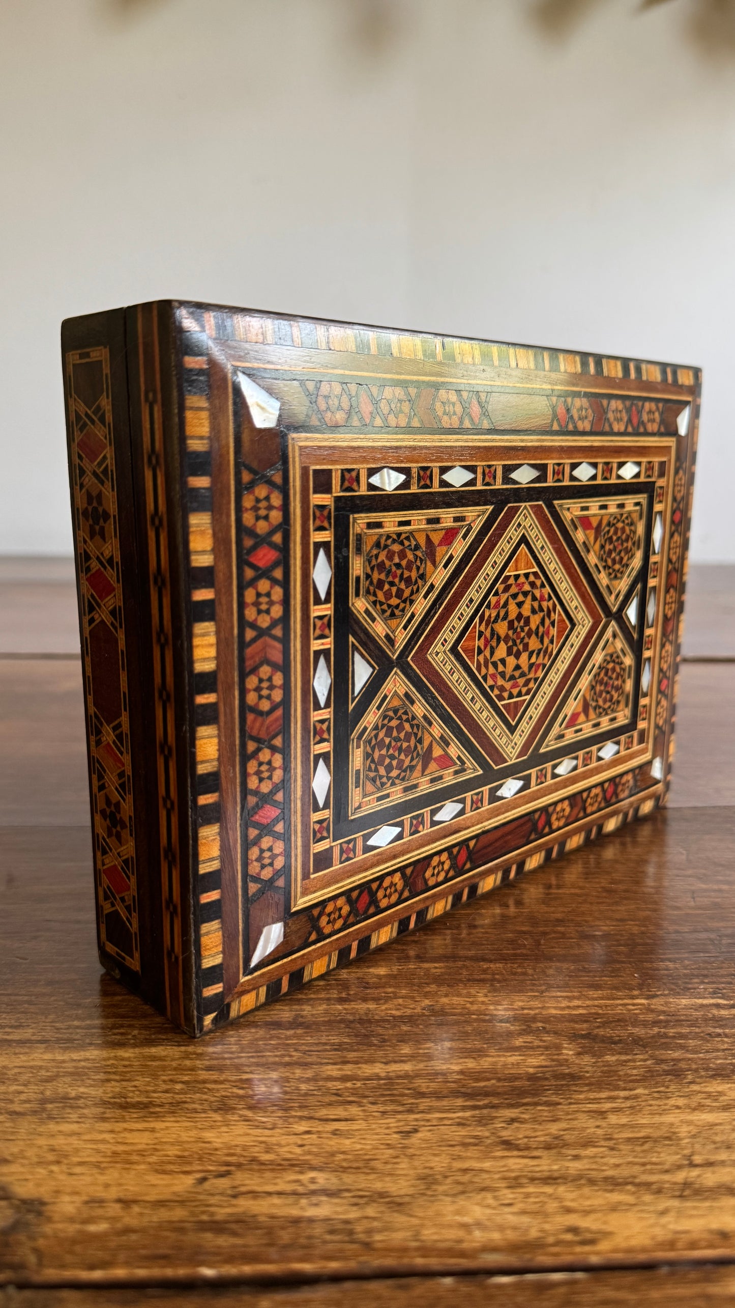 Vintage Inlay Box with Stunning Mother of Pearl Marquetry and Red Felt Inside