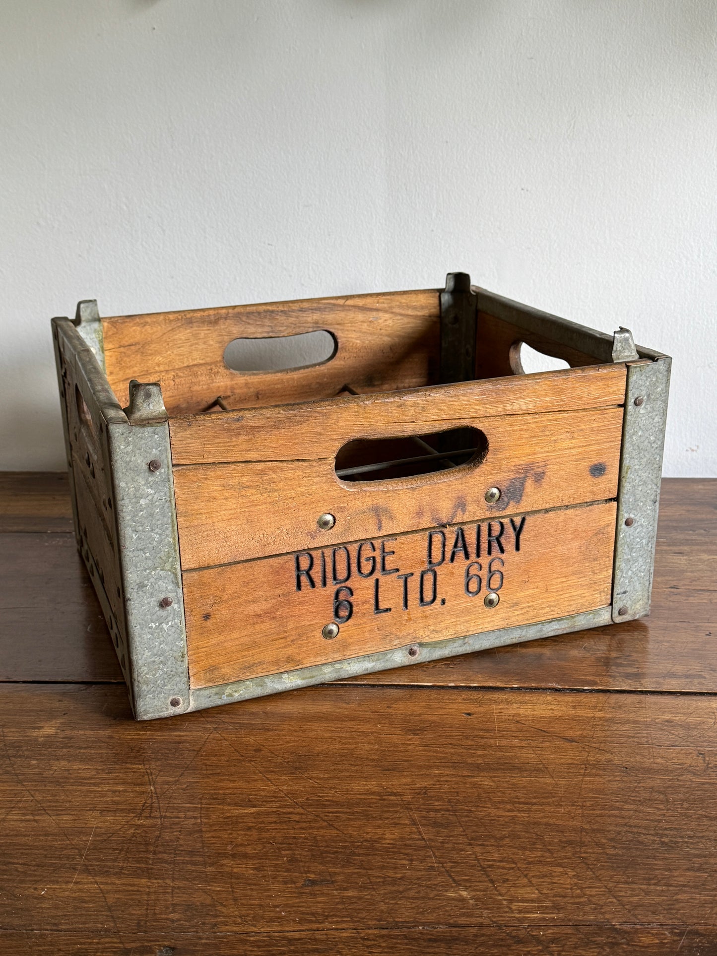 Vintage Ridge Dairy Milk Crate with Wood and Metal Construction