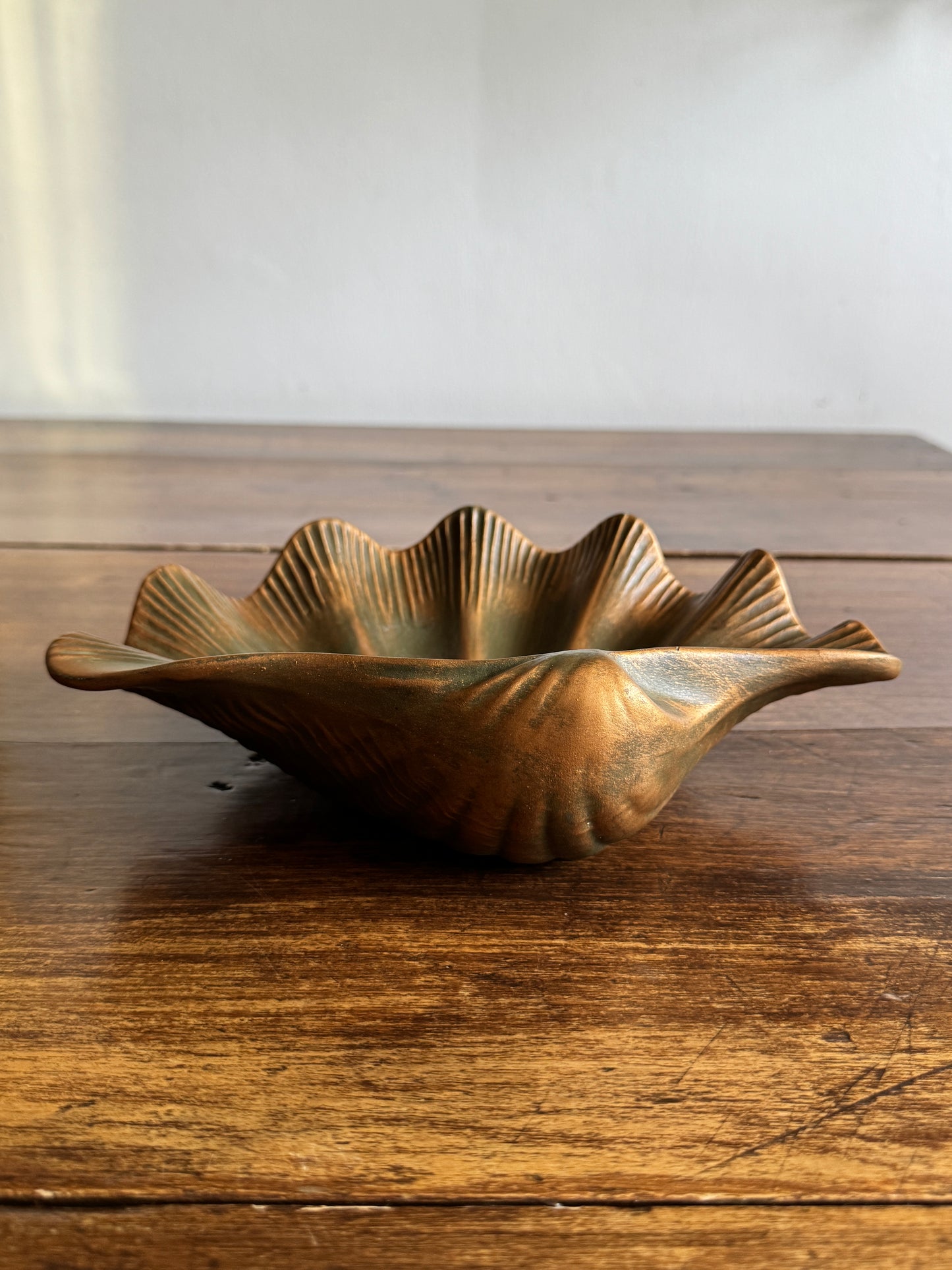 Pottery Shell Shaped Bowl with Faux Metal/Patina Finish - Made in Mexico