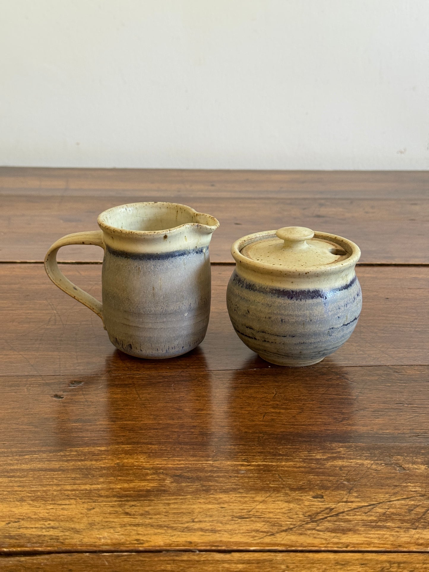 Vintage Pottery Cream and Sugar Dishes with Cream and Blue Colouring