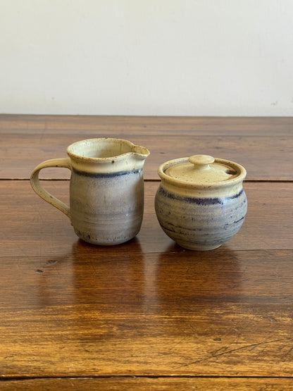 Vintage Pottery Cream and Sugar Dishes with Cream and Blue Colouring