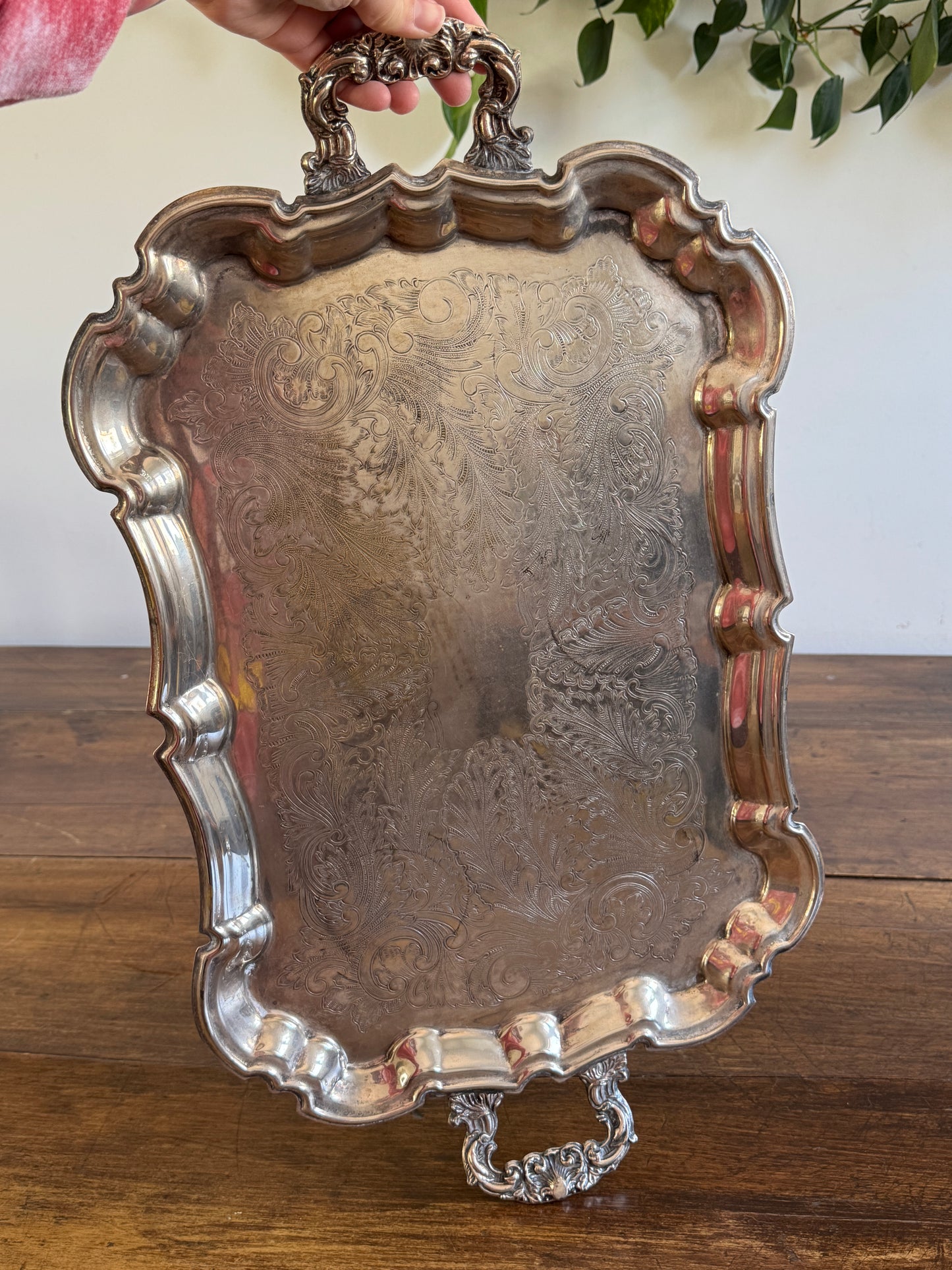 Vintage Large Leonard Silver Plated Over Brass Ornate Serving Platter with Raised Feet and Etched Detailing - Silver Plated Butler Tray