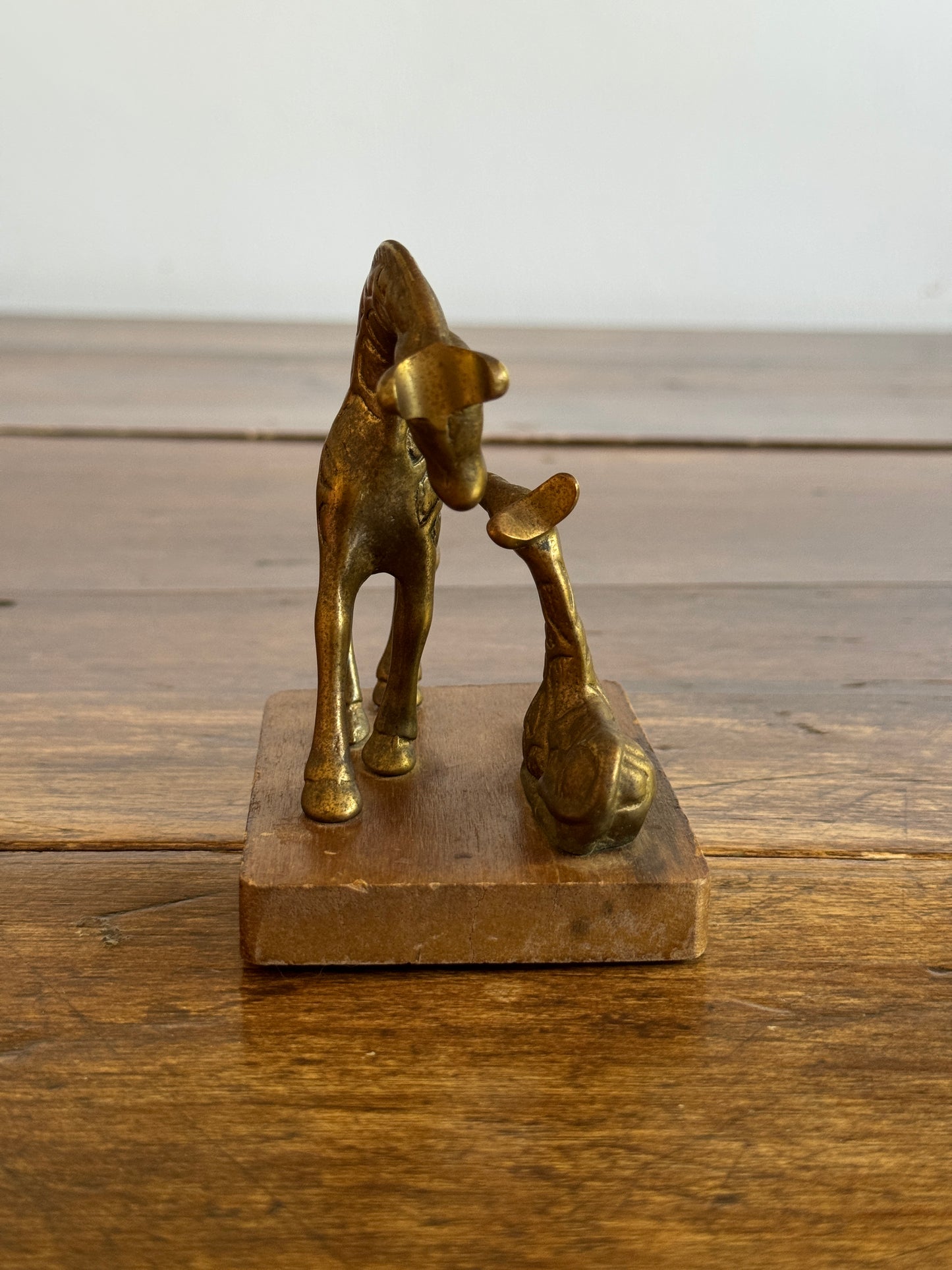 Vintage Small Brass Giraffes on Wooden Base