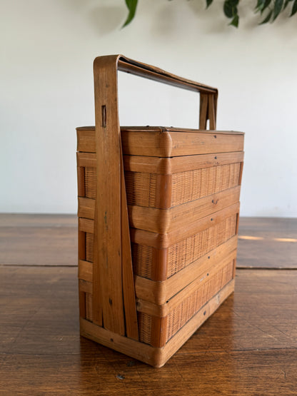 Vintage Woven Wicker Stacking Box Basket - Tiered Sewing Basket