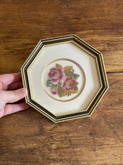Vintage Petite Point Flower Art in Octagon Frame