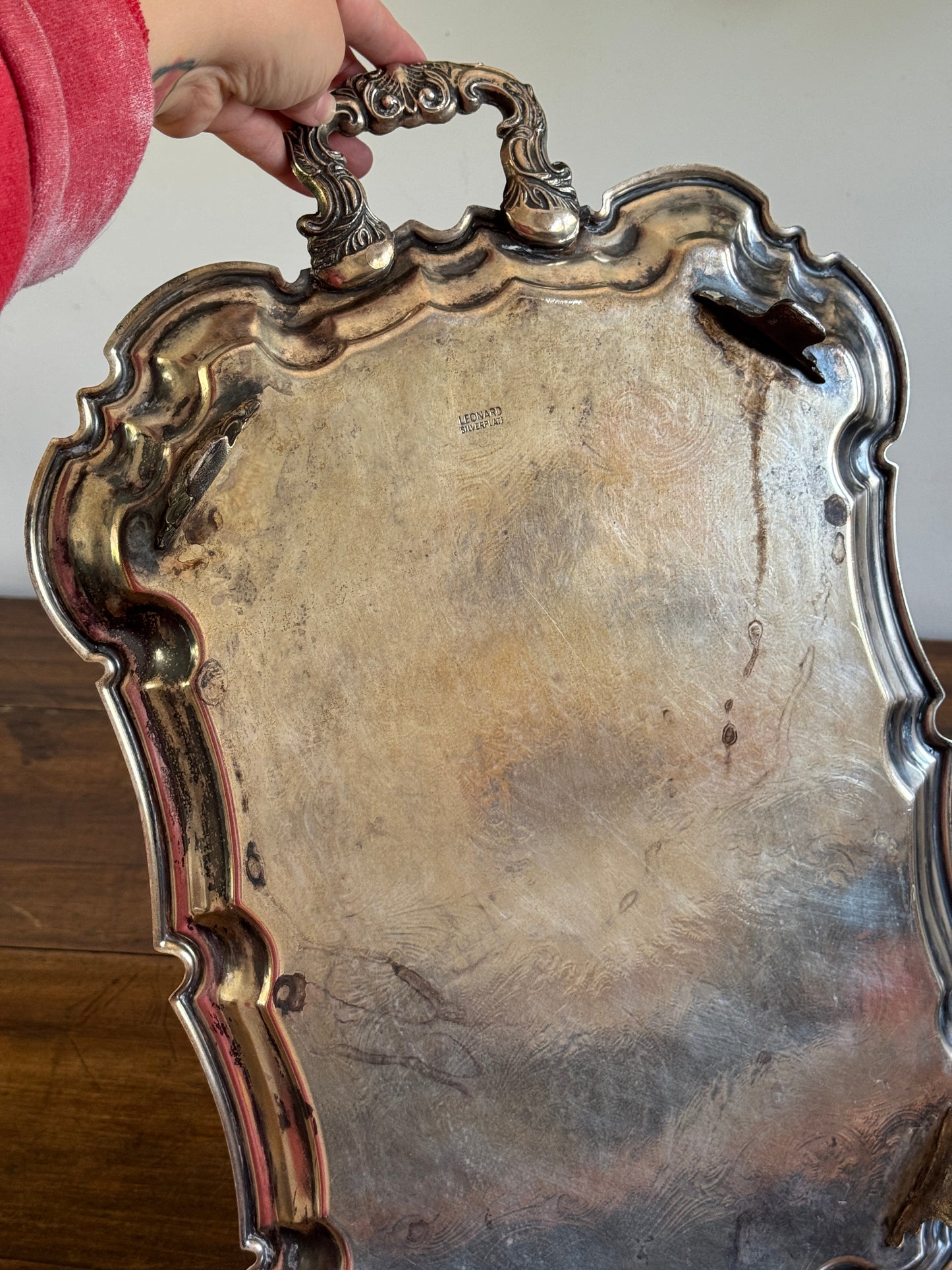 Vintage Large Leonard Silver Plated Over Brass Ornate Serving Platter with Raised Feet and Etched Detailing - Silver Plated Butler Tray