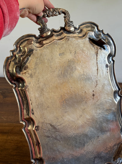 Vintage Large Leonard Silver Plated Over Brass Ornate Serving Platter with Raised Feet and Etched Detailing - Silver Plated Butler Tray