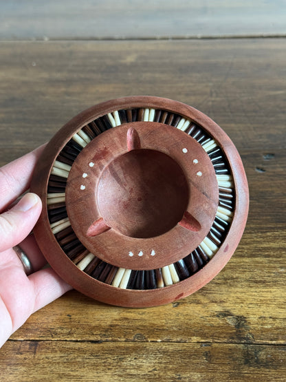 Vintage Wood Inlay Ashtray with Decorative African Porcupine Quill and Bone Design