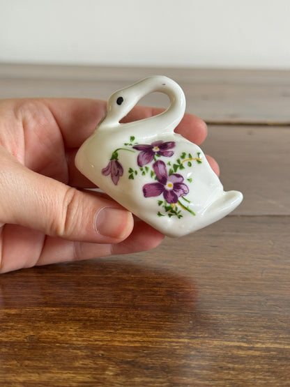 Vintage Ceramic Bird with Purple Flower Detailing - Swan Miniature Holder