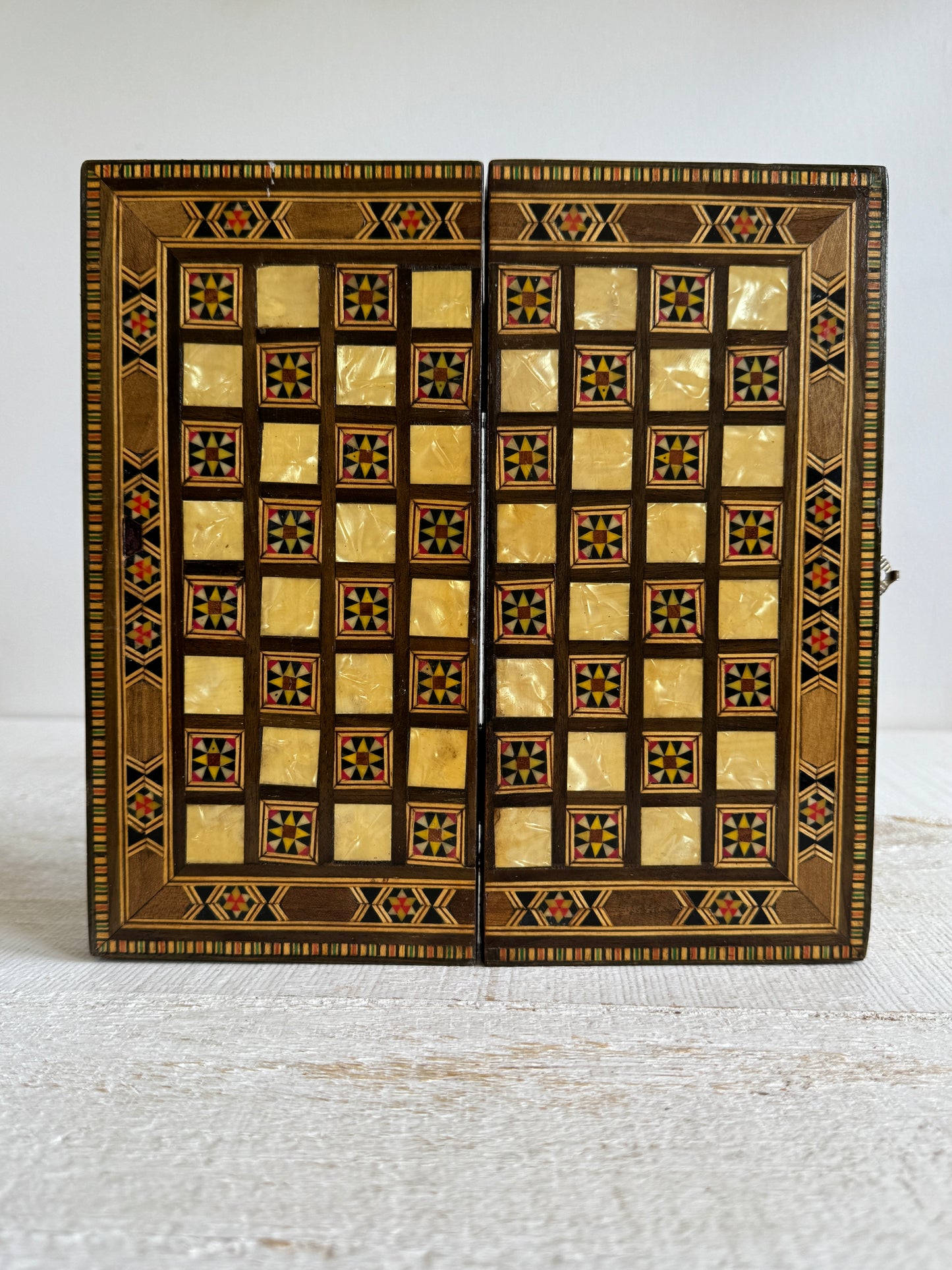 Small Travel Sized Folding Chess and Backgammon 2-in-1 Set with Stunning Marquetry Detailing and Wooden Pieces