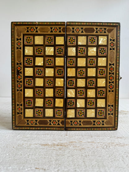 Small Travel Sized Folding Chess and Backgammon 2-in-1 Set with Stunning Marquetry Detailing and Wooden Pieces