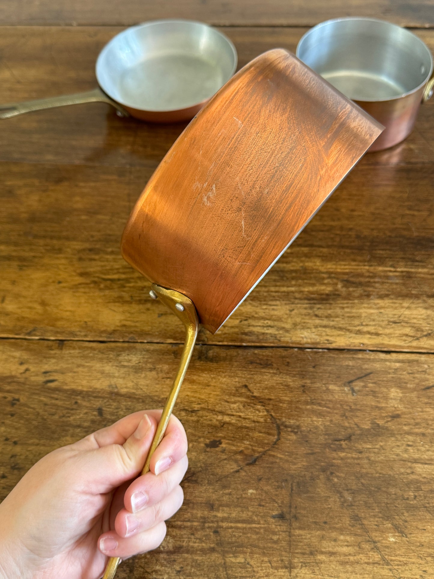 Vintage Three Piece Copper and Brass Pots and Pan Set