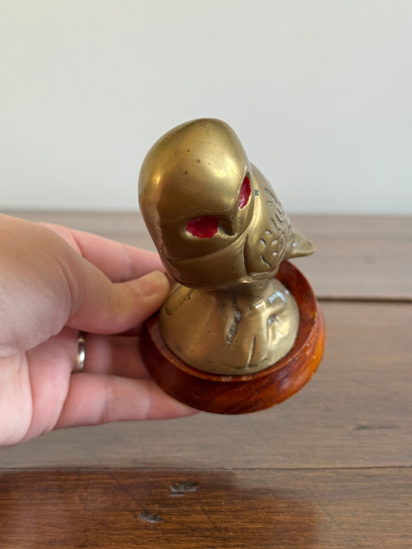 Vintage Brass Owl with Red Eyes on Wood Base