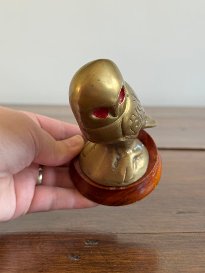 Vintage Brass Owl with Red Eyes on Wood Base