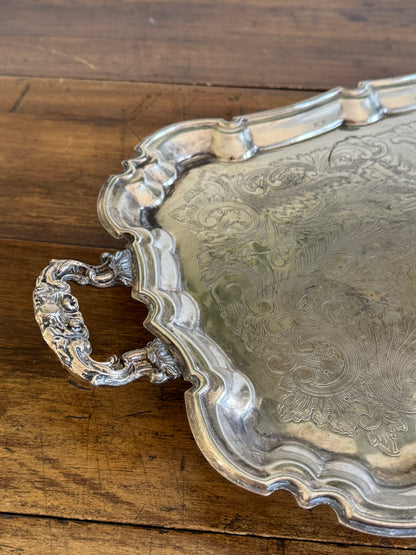 Vintage Large Leonard Silver Plated Over Brass Ornate Serving Platter with Raised Feet and Etched Detailing - Silver Plated Butler Tray