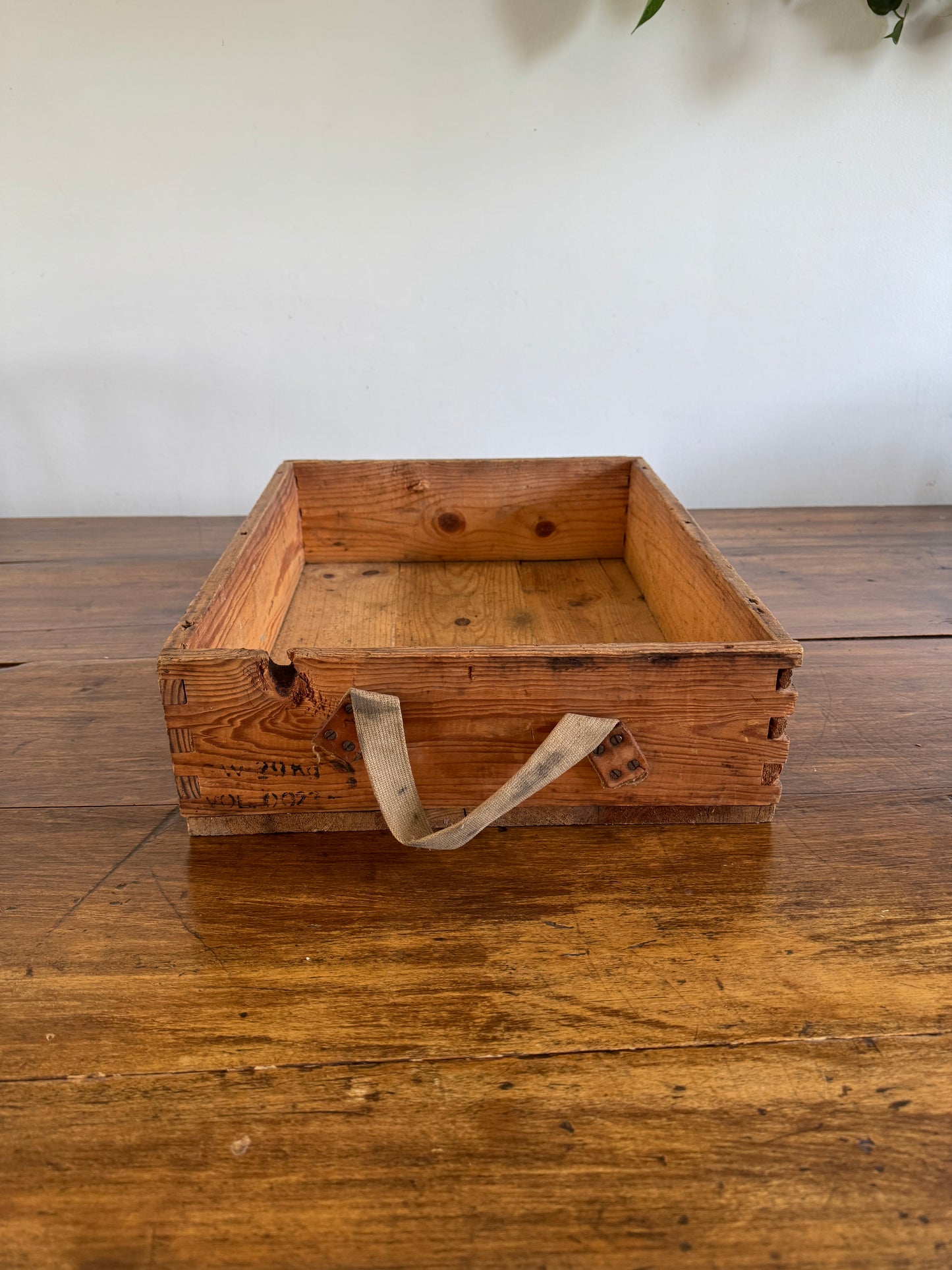 Vintage Wooden Crate with Fabric Handles
