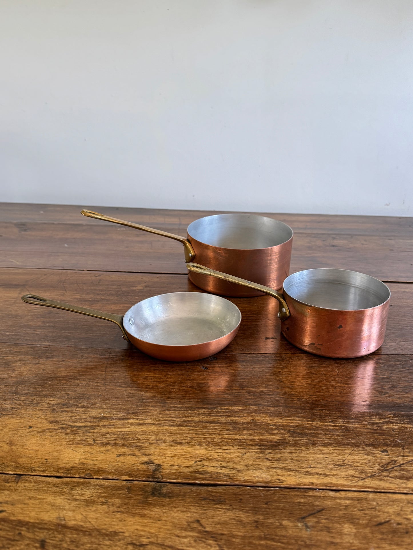 Vintage Three Piece Copper and Brass Pots and Pan Set