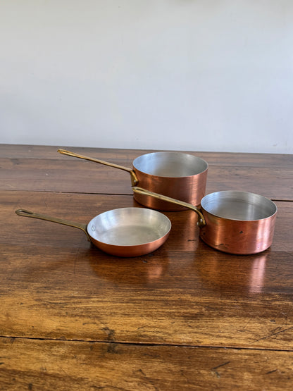 Vintage Three Piece Copper and Brass Pots and Pan Set