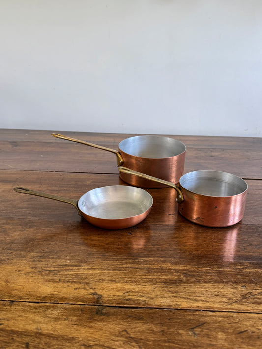 Vintage Three Piece Copper and Brass Pots and Pan Set