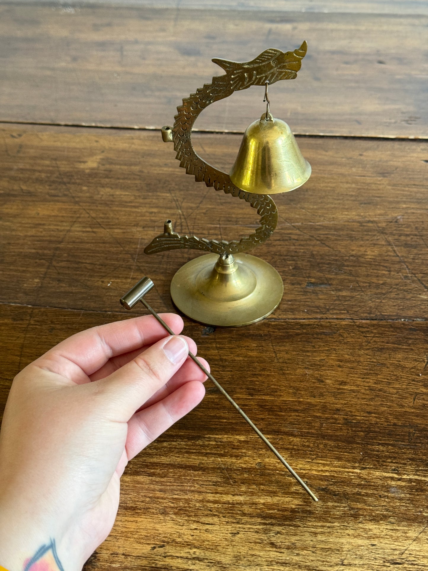 Vintage Brass Dragon Holding Bell with Small Hammer