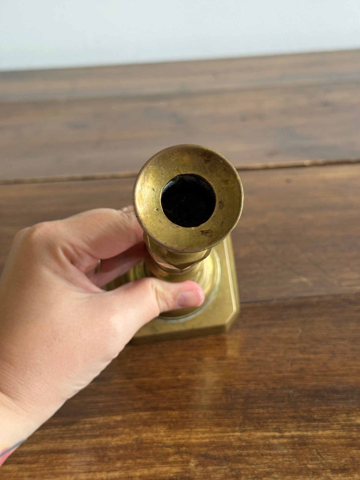 Single Vintage Brass Candlestick Holder with Squared Base and Ornate Post Detailing