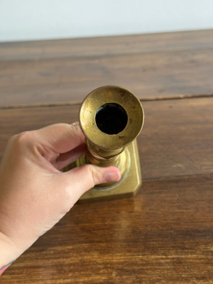 Single Vintage Brass Candlestick Holder with Squared Base and Ornate Post Detailing