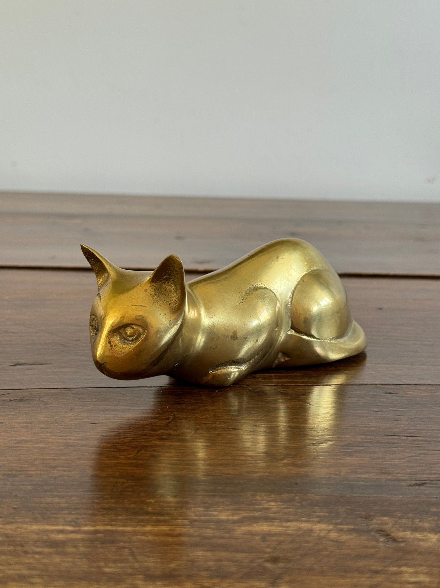 Vintage Brass Crouching Cat - Hunting Cat Brass Figurine