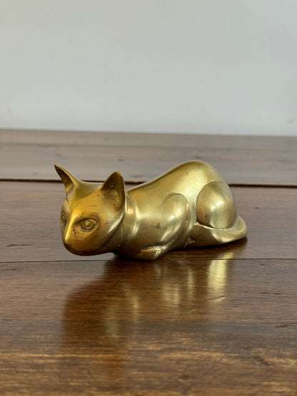 Vintage Brass Crouching Cat - Hunting Cat Brass Figurine