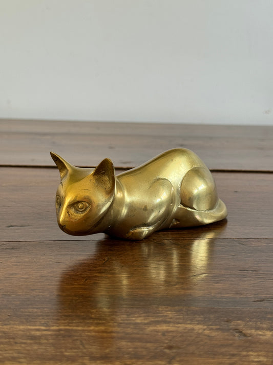 Vintage Brass Crouching Cat - Hunting Cat Brass Figurine