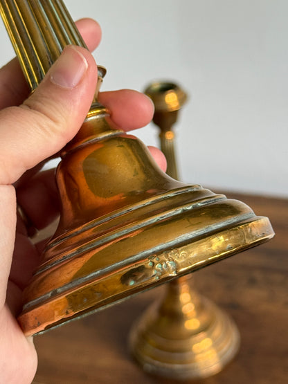Vintage Pair of Brass Candlestick Holders with Ribbed Post and Weighted Bases