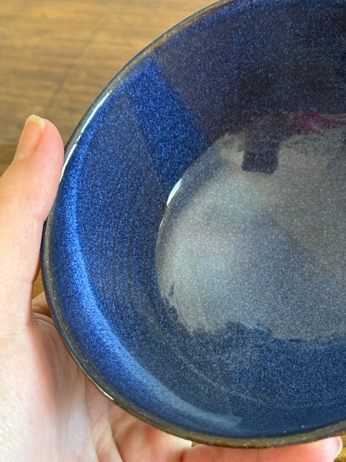 Hand Crafted Small Pottery Bowl with Leaf Design and Beautiful Blue Tones
