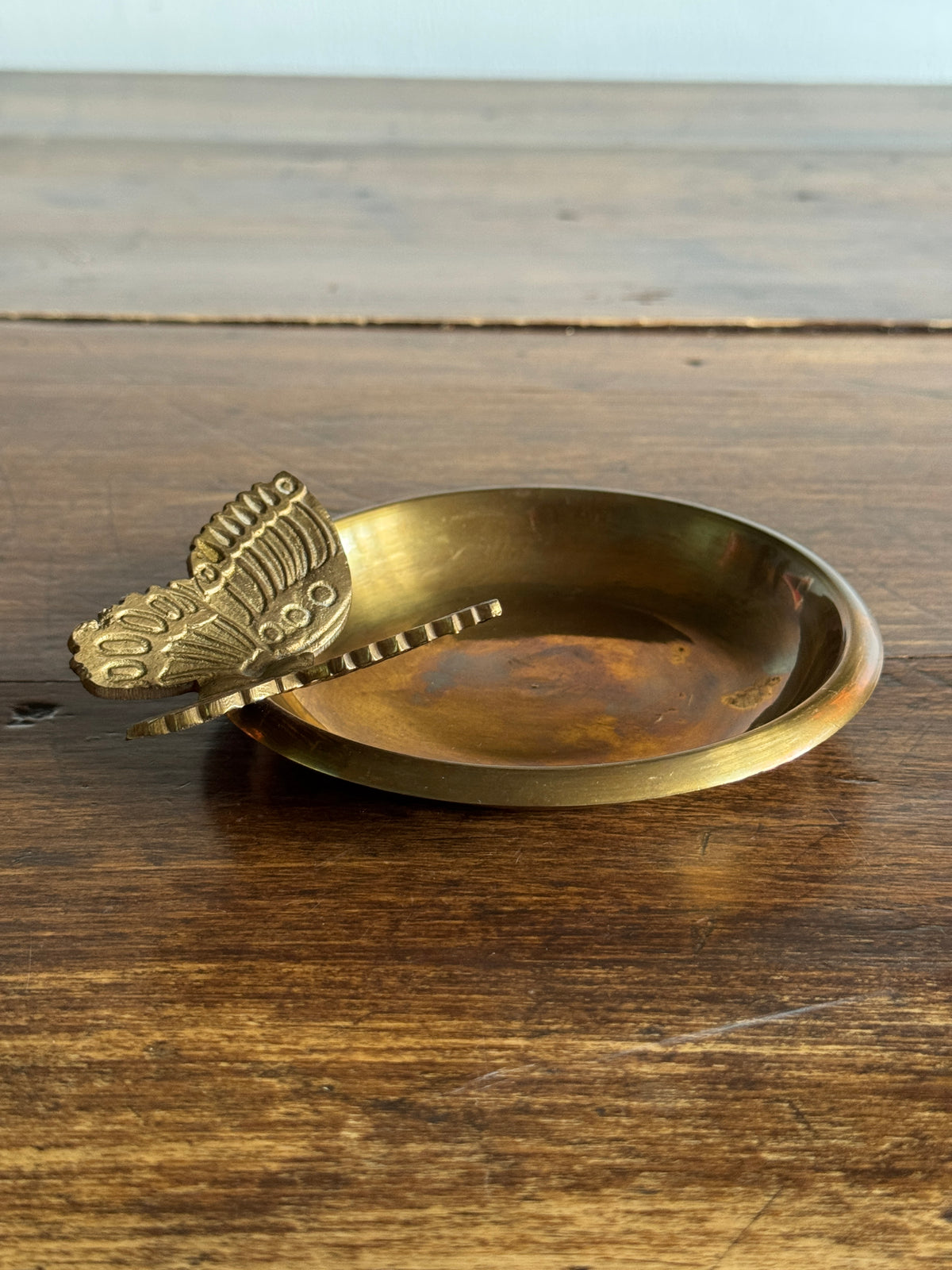 Vintage Brass Shallow Bowl with 3D Butterfly Embellishment - Brass Butterfly Tray
