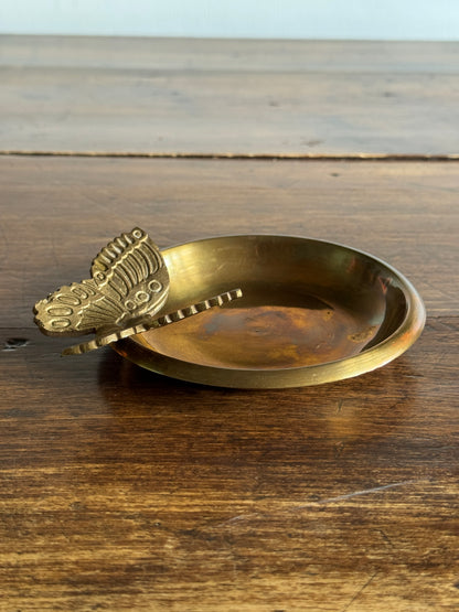 Vintage Brass Shallow Bowl with 3D Butterfly Embellishment - Brass Butterfly Tray