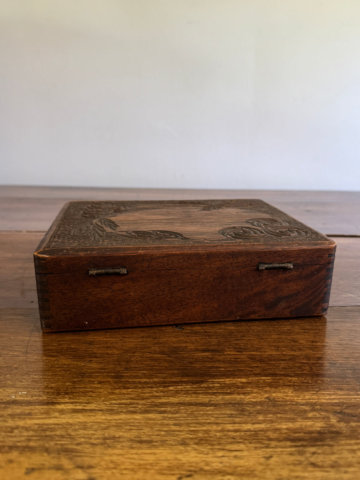 Antique Wood Carved Box with Floral Design and Deep Patina