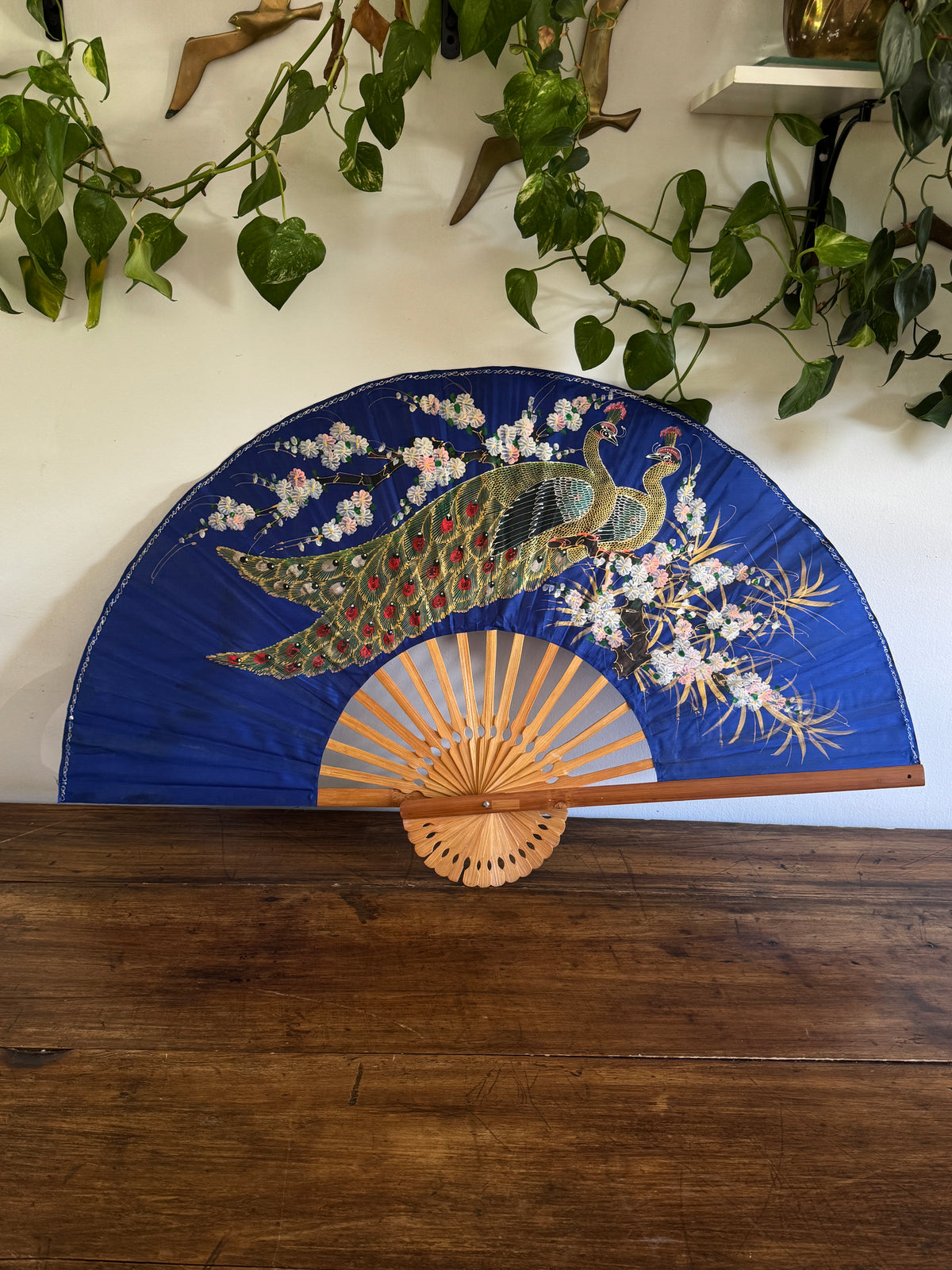 Extra Large Painted Fabric Fan with Peacock and Flowers