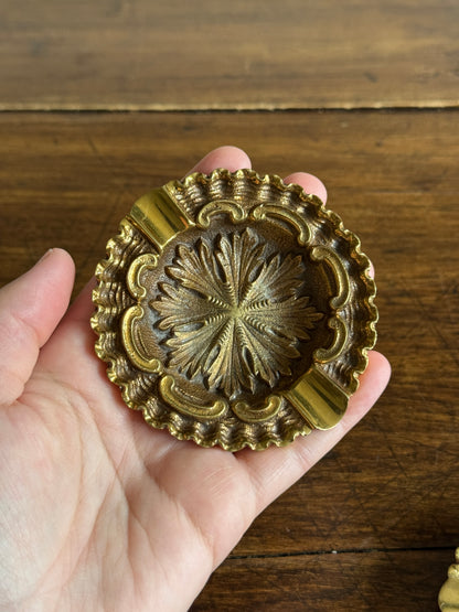 Two Heavy Ornate Brass Personal Sized Ashtrays with Stunning Scalloped and Flower Detailing